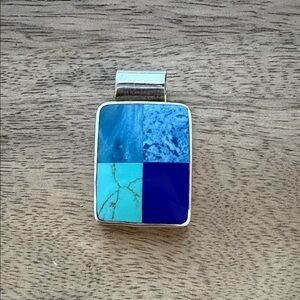 Blue Tile Inlay Pendant - Silver Tone